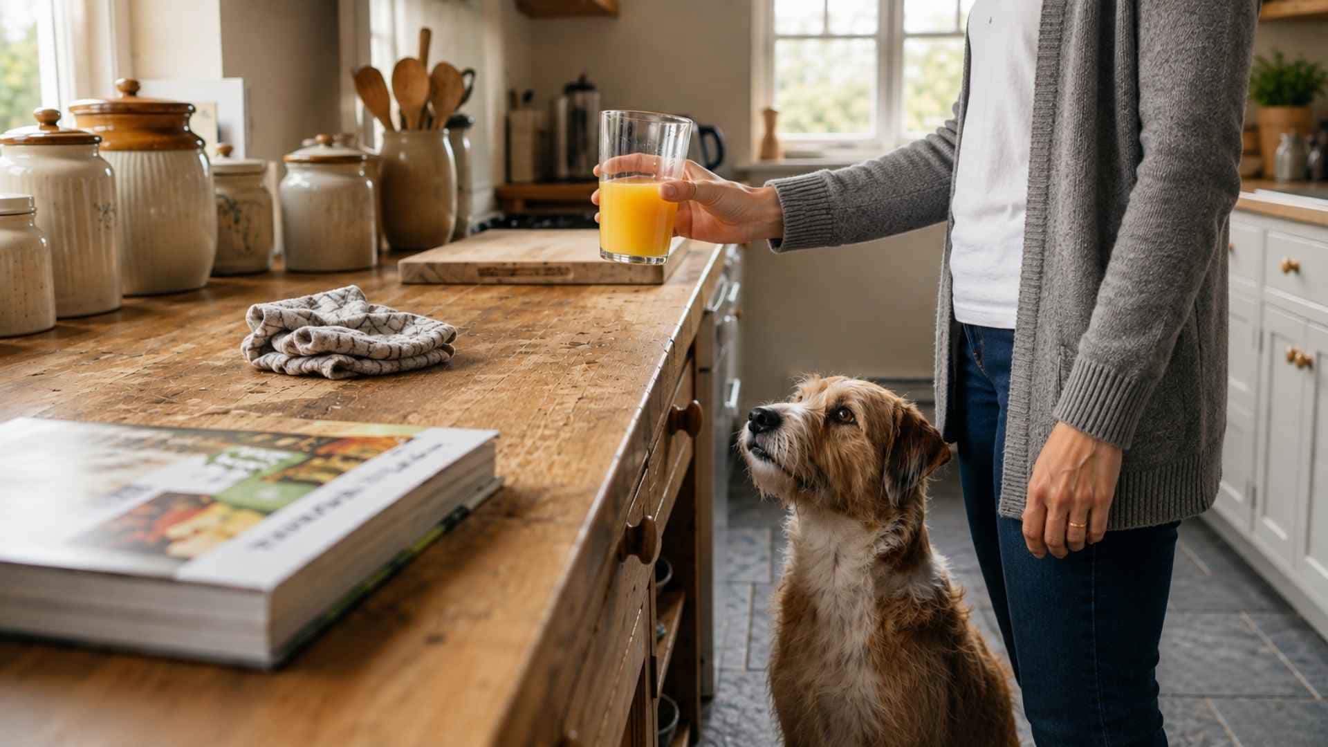 Perro mirando un zumo de naranja